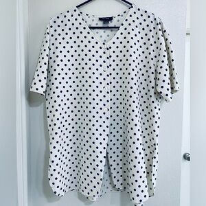 Navy Polka Dot V-Neck Blouse 100% silk size small. Oversized fit. Elegant